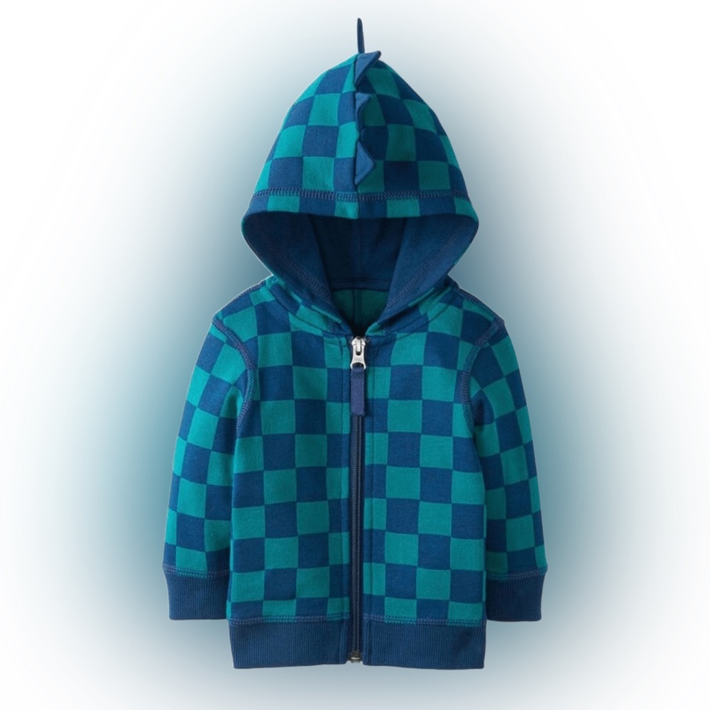 Hanna Andersson Baby French Terry Dino Hoodie Blue Checkered Hooded Zip Up 6-12M